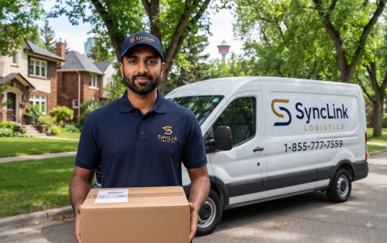 SyncLink Logistics courier holding a parcel beside a branded white van on a Calgary street