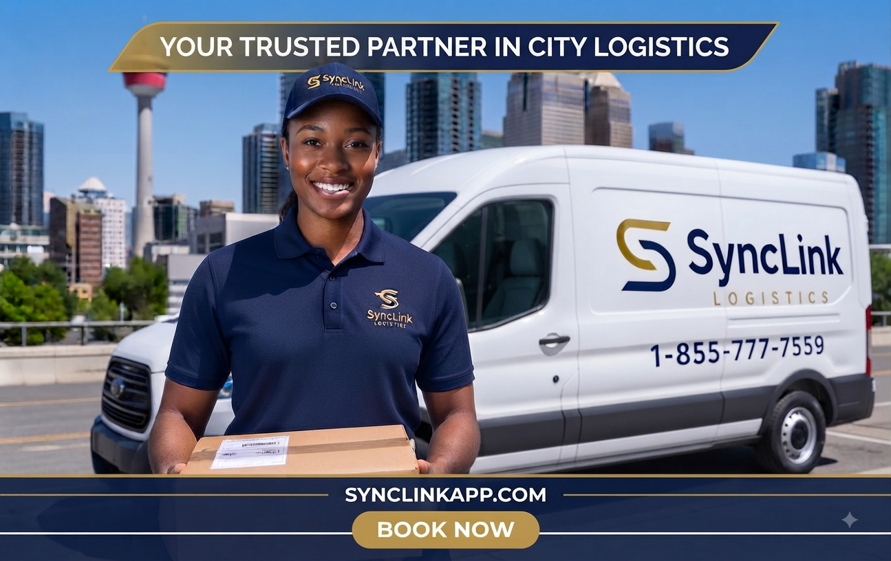SyncLink Logistics uniformed driver with a branded white van and the Calgary skyline behind