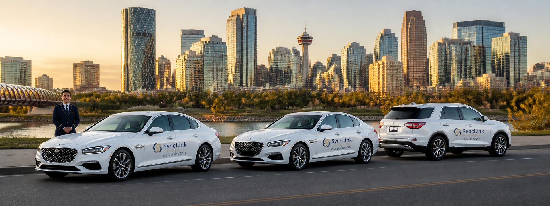 Link Car Services branded white sedans and SUV with a uniformed driver in front of the Calgary skyline