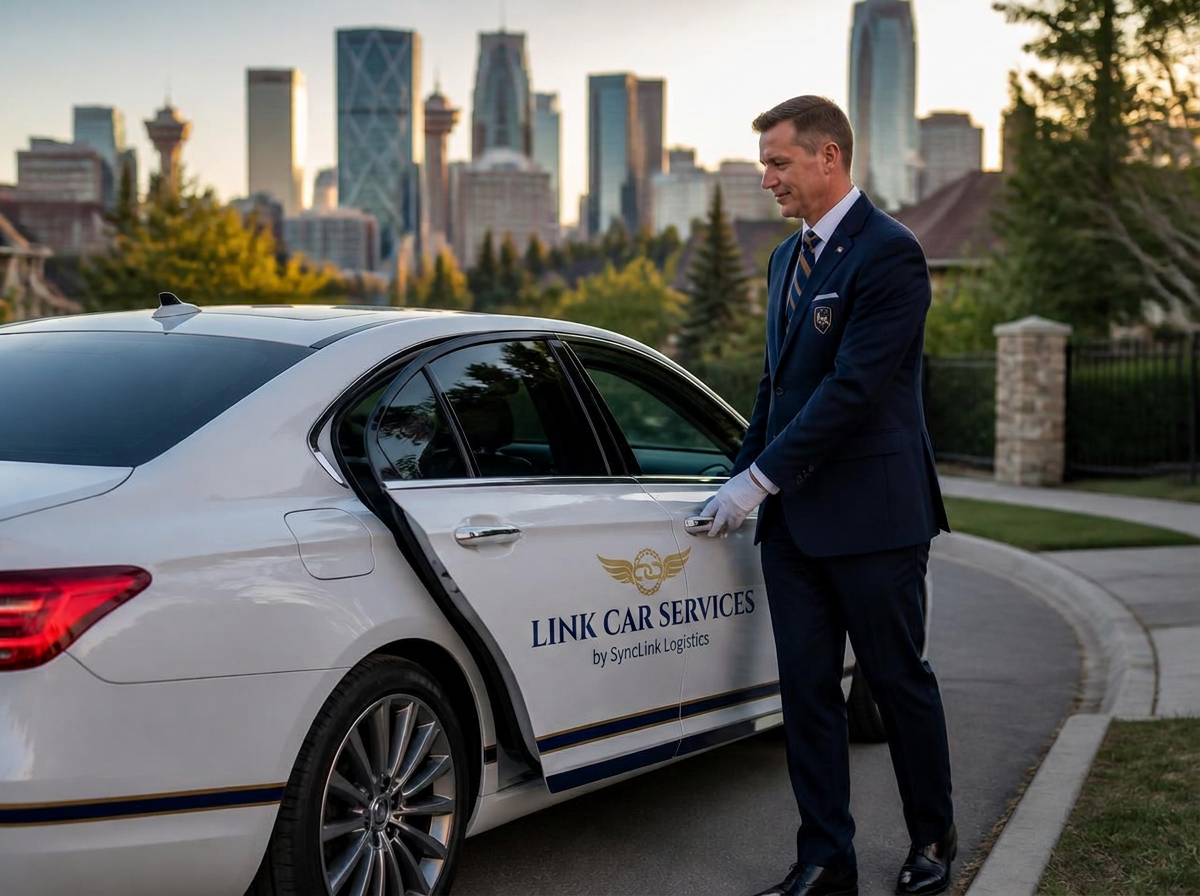 Uniformed Link Car Services chauffeur opening the door of a white branded sedan with the Calgary skyline behind