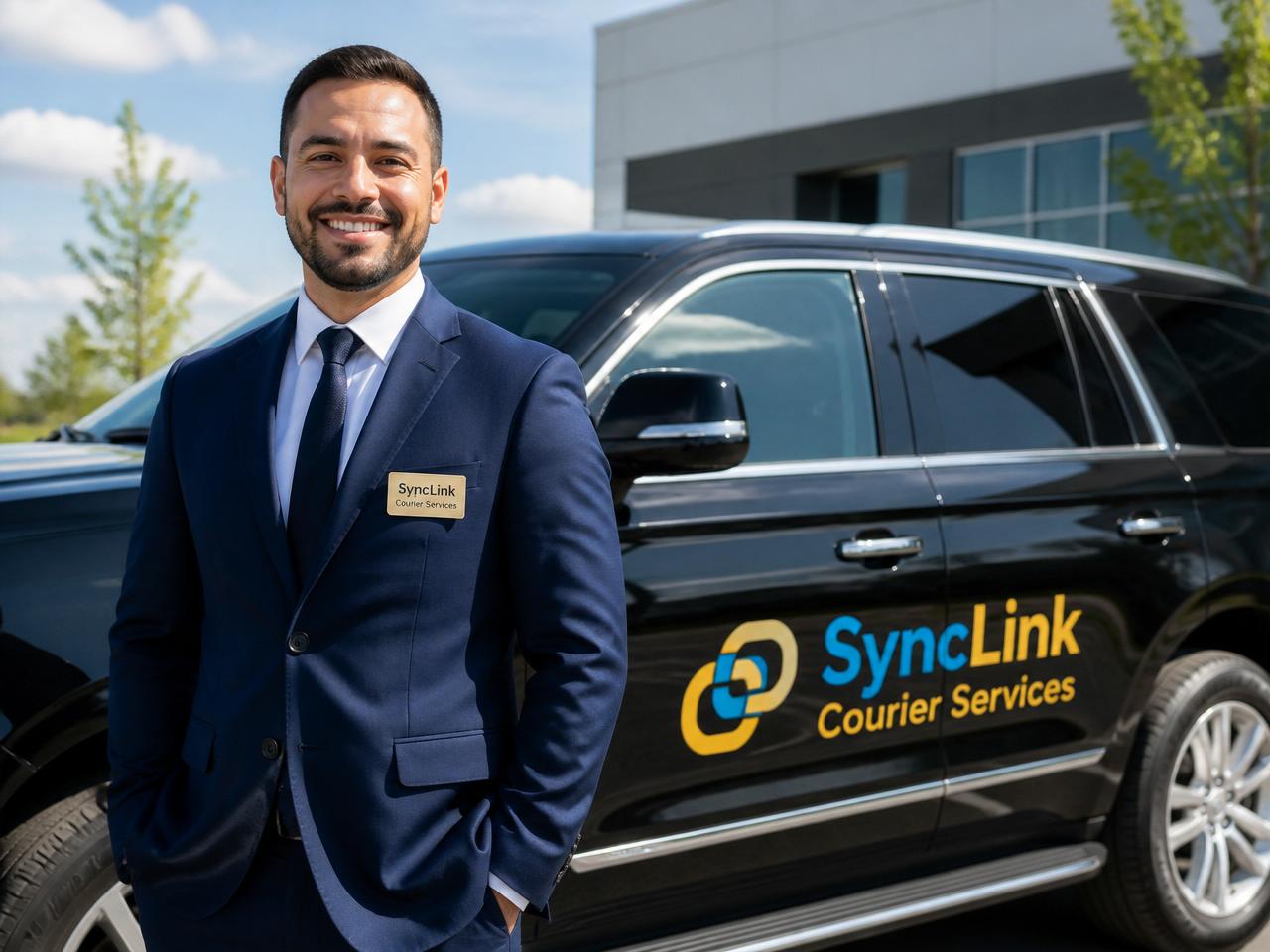 SyncLink professional uniformed driver standing beside a SyncLink Courier Services branded SUV