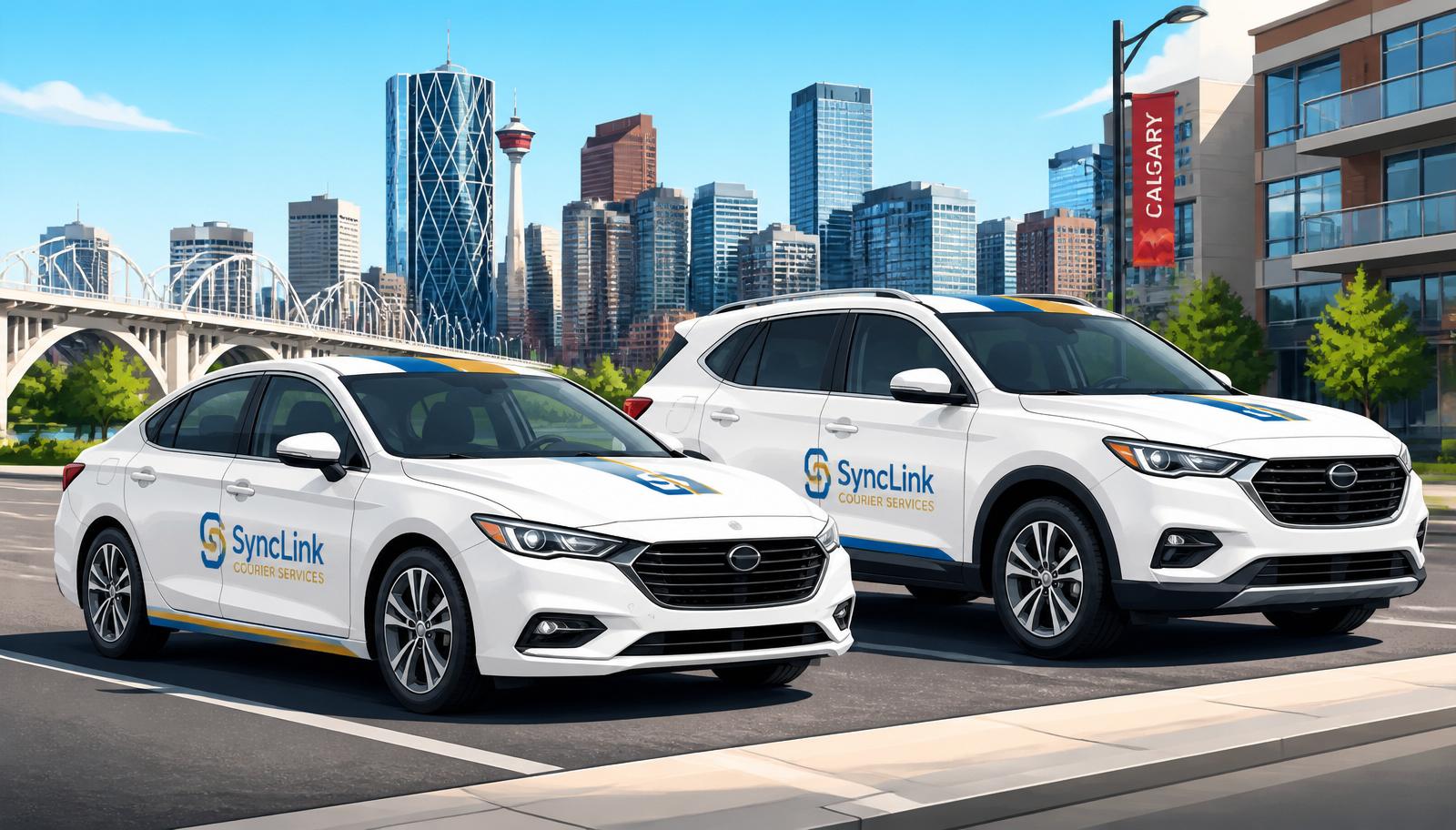 Link Car Services branded fleet — two white SyncLink vehicles: a sedan and an SUV