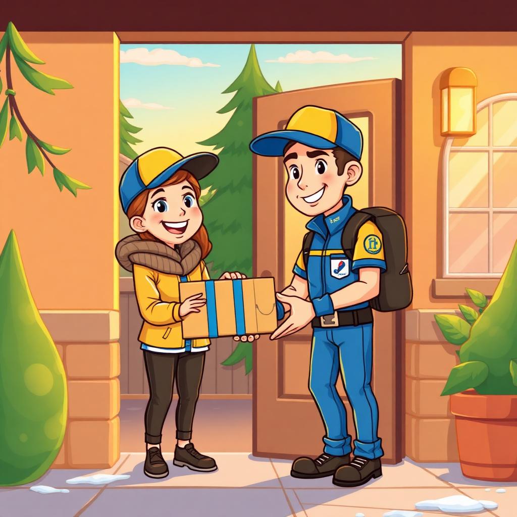 Courier delivering a parcel to a happy customer
