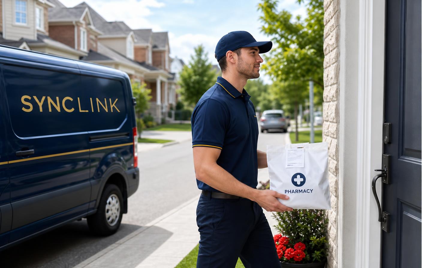 SyncLink courier delivering a sealed pharmacy prescription bag from a branded van