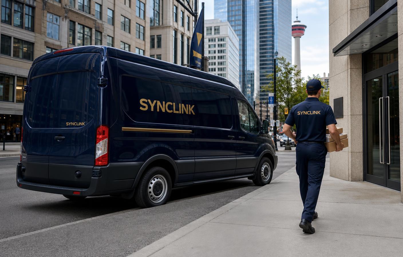 SyncLink branded navy delivery van and uniformed courier on a Calgary street
