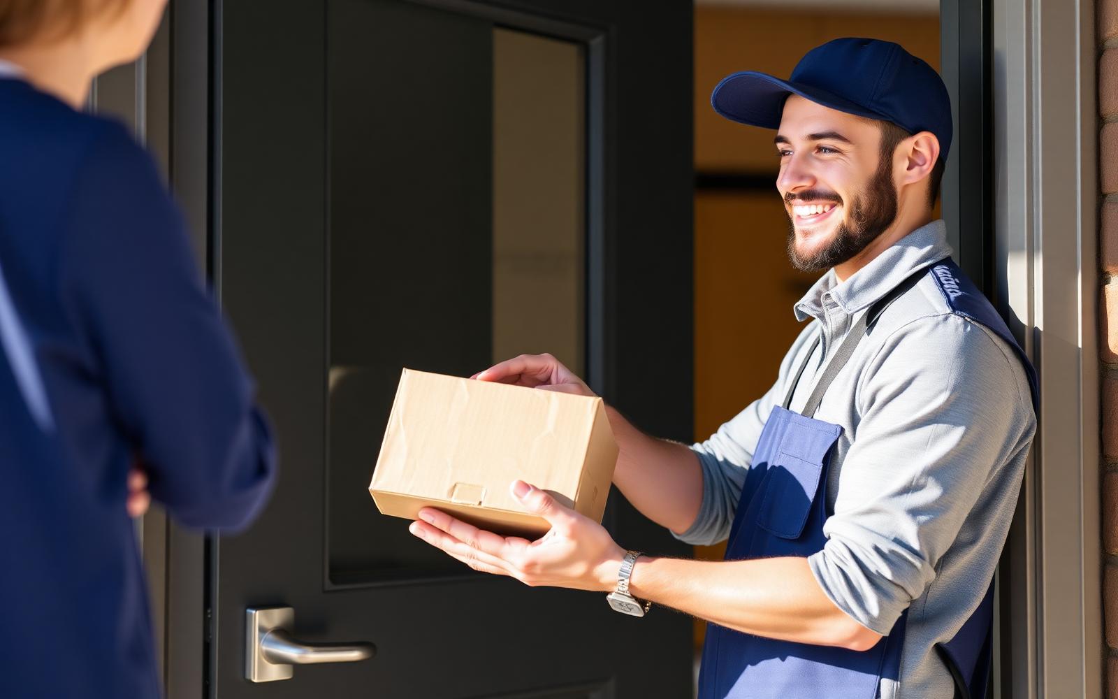 Friendly SyncLink courier handing package to customer