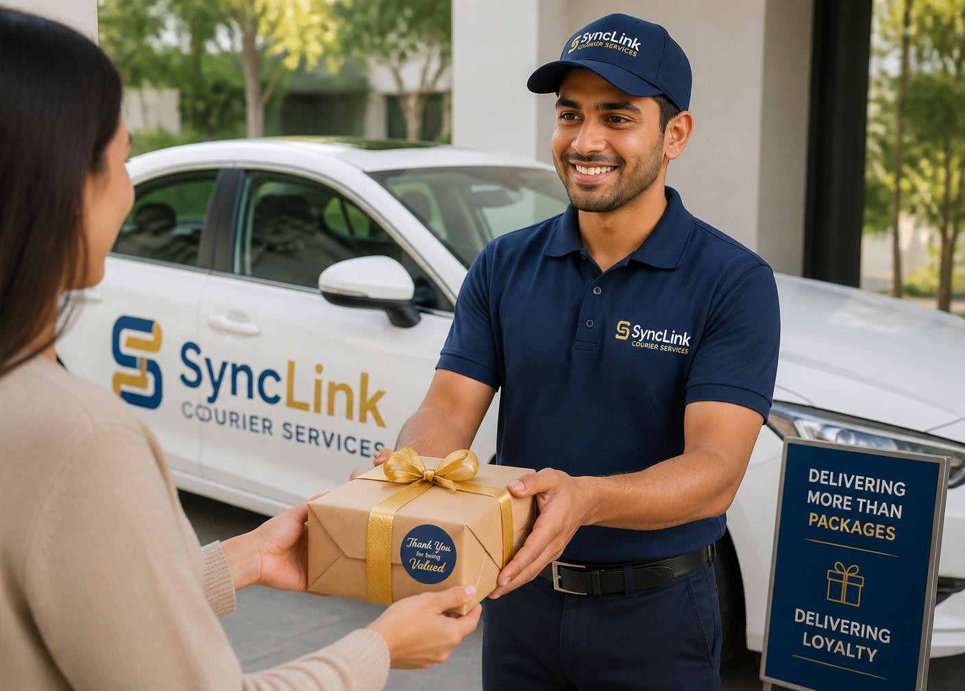 Uniformed SyncLink courier driver handing a gift-wrapped parcel to a customer beside a branded SyncLink car