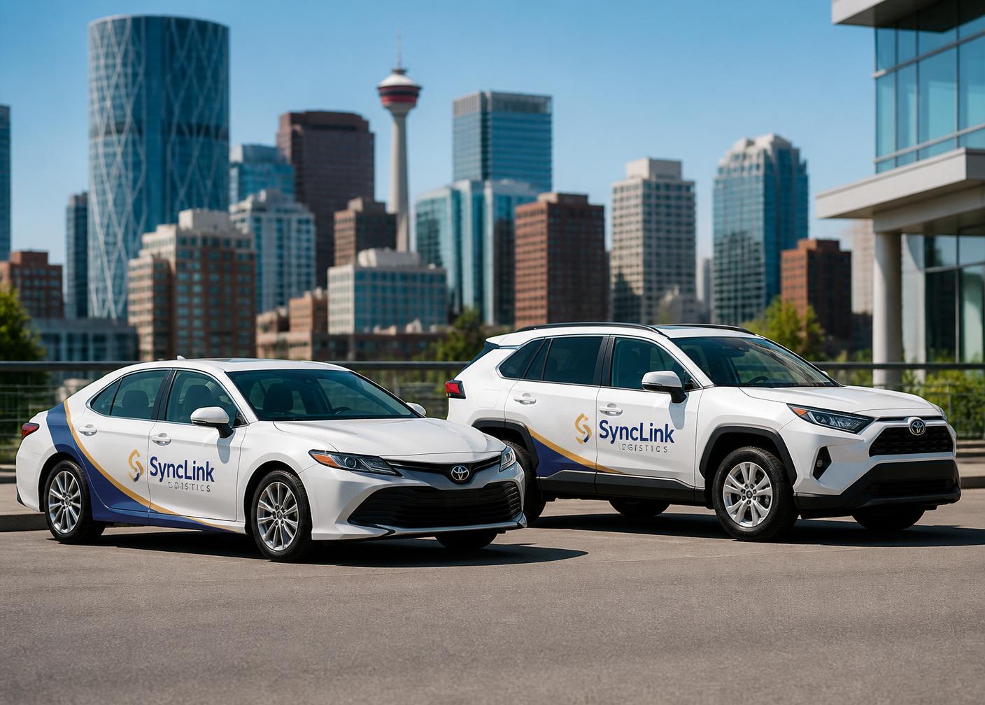 Two white SyncLink branded vehicles, a sedan and a small SUV, in Calgary