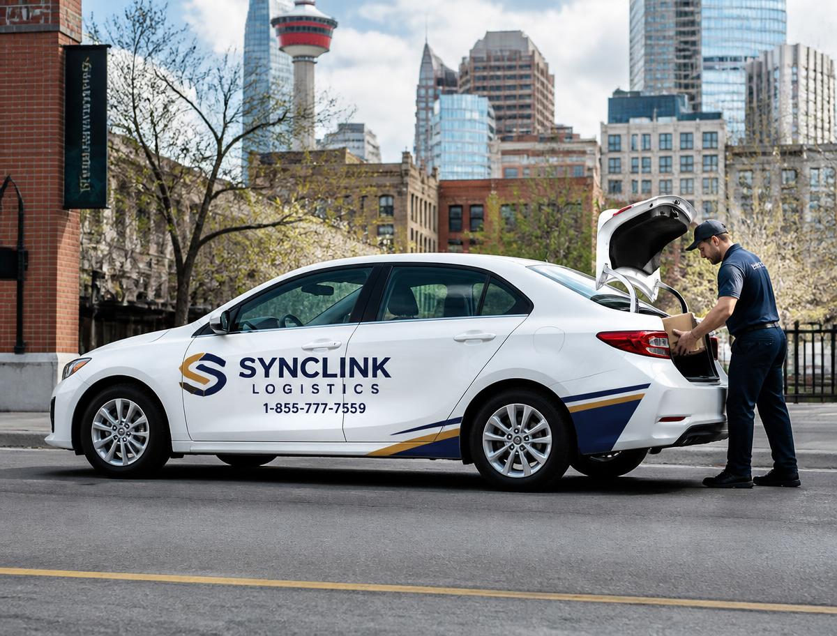 White SyncLink Logistics branded delivery car being loaded in downtown Calgary