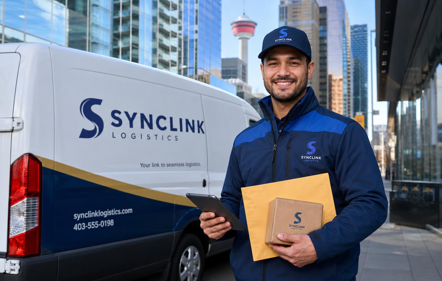Uniformed SyncLink courier driver holding a signature tablet and parcel
