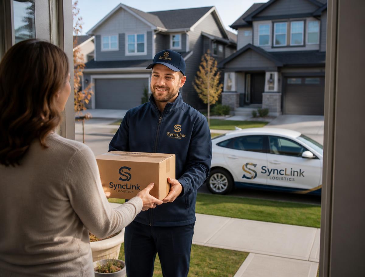 SyncLink Logistics courier in navy uniform handing a branded parcel to a Calgary customer