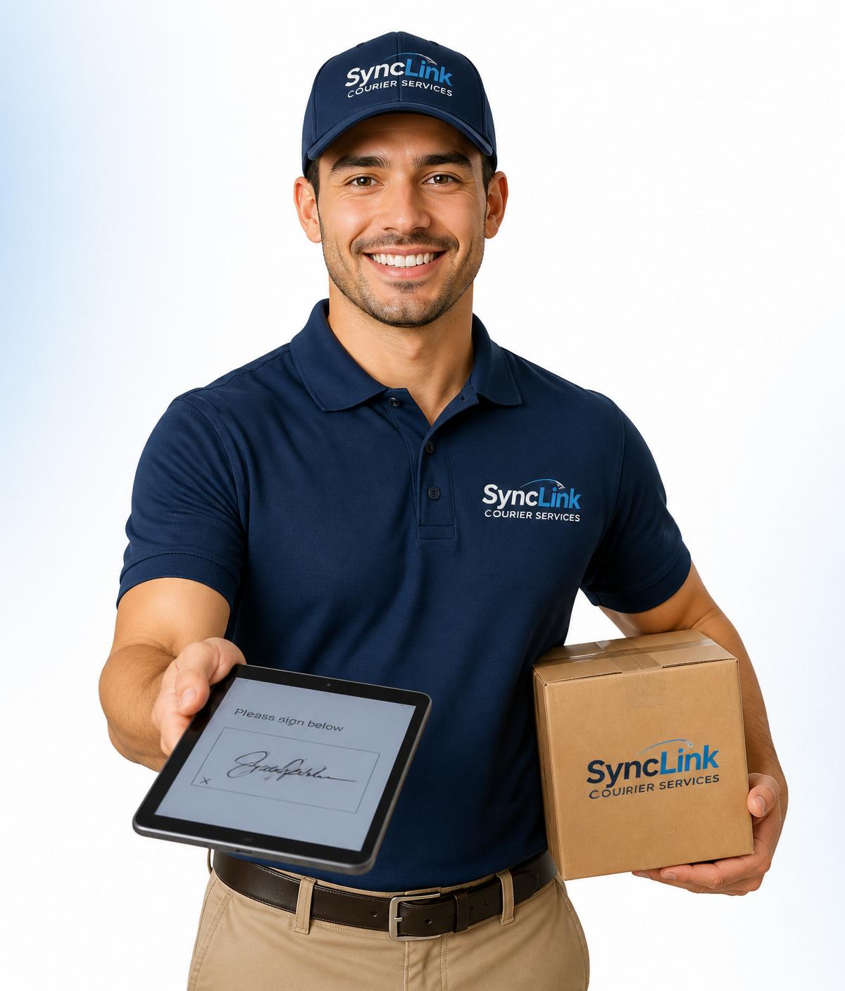 Uniformed SyncLink courier driver holding a signature tablet and parcel