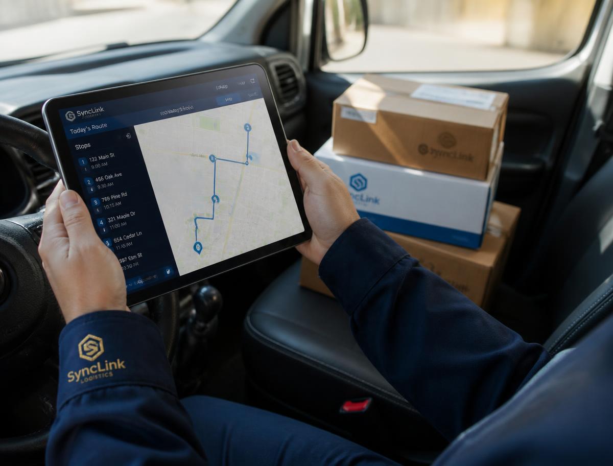 SyncLink Logistics courier reviewing the day's delivery route on a tablet