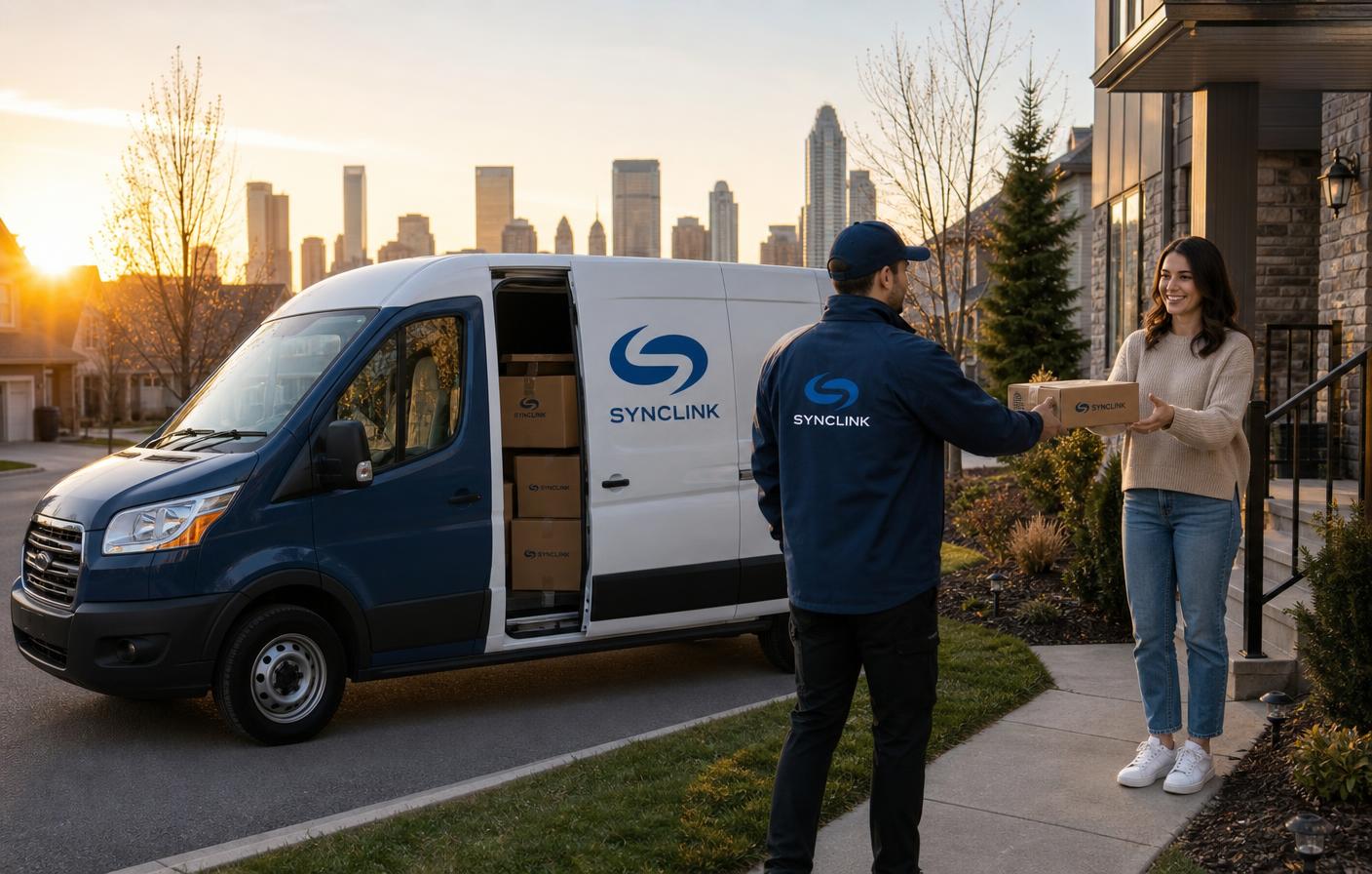 SyncLink Logistics branded van with a uniformed courier handing a parcel to a customer in Calgary