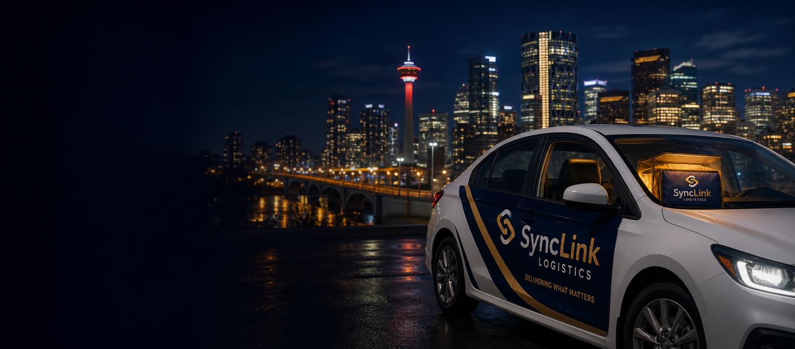 SyncLink Logistics branded delivery car at night in front of the Calgary skyline