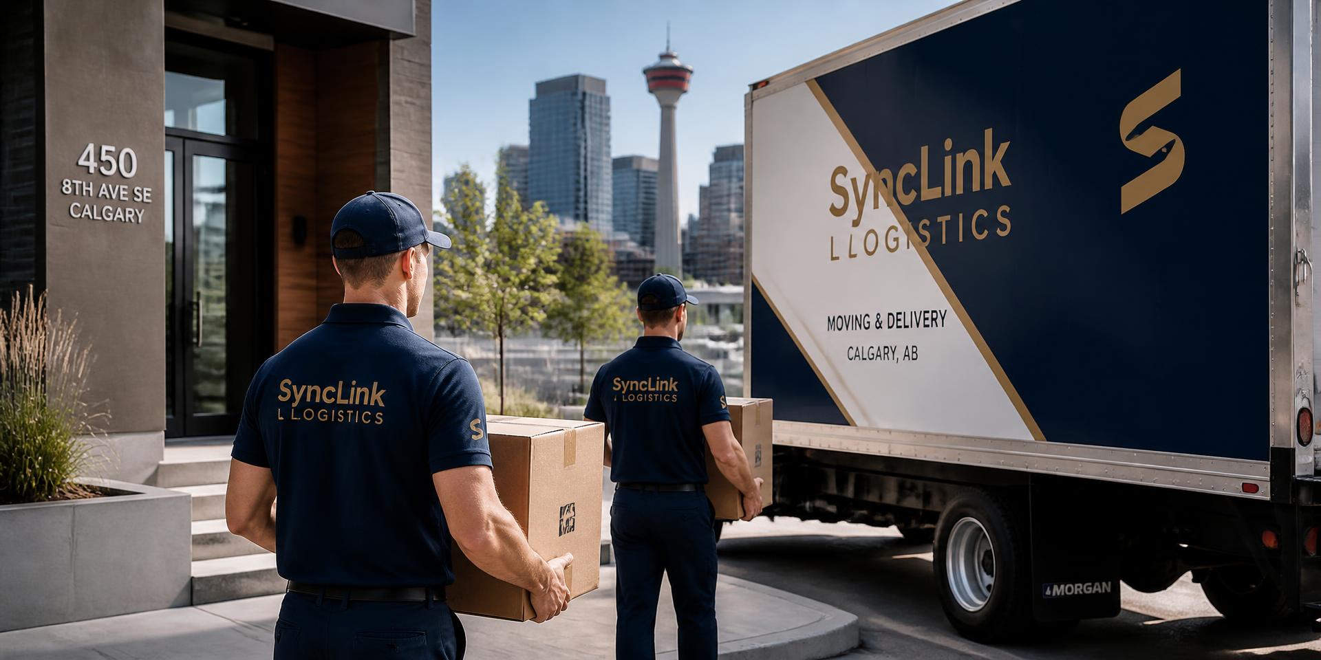 Two SyncLink Logistics movers in navy uniform carrying boxes to a branded 5-ton truck outside a Calgary apartment