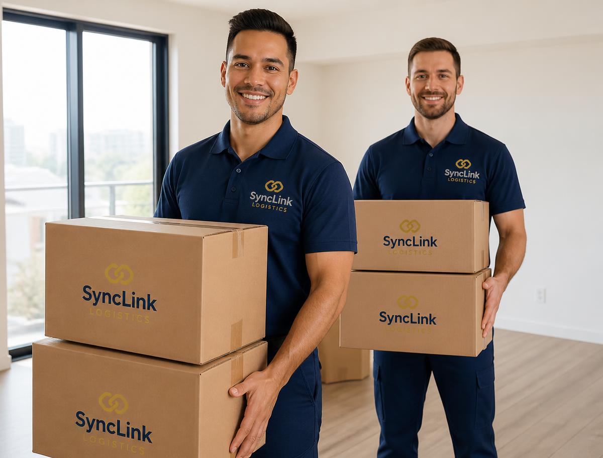 Two SyncLink Logistics movers in navy uniforms holding stacked moving boxes inside a bright apartment