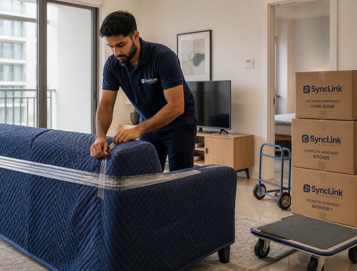 SyncLink Logistics mover wrapping a sofa in protective blankets beside labelled boxes in a 3 bedroom apartment