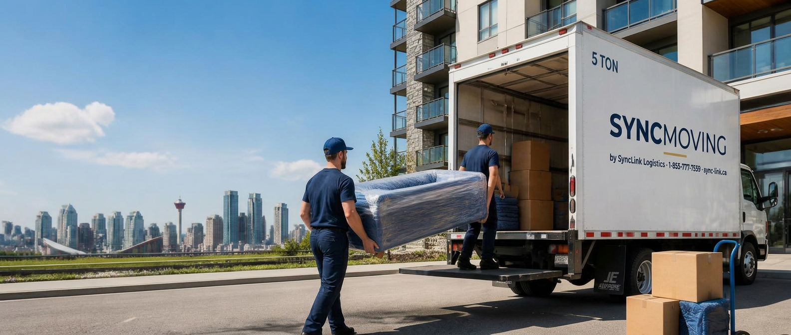 SyncMoving uniformed crew loading wrapped furniture into a branded 5-ton truck outside a Calgary apartment