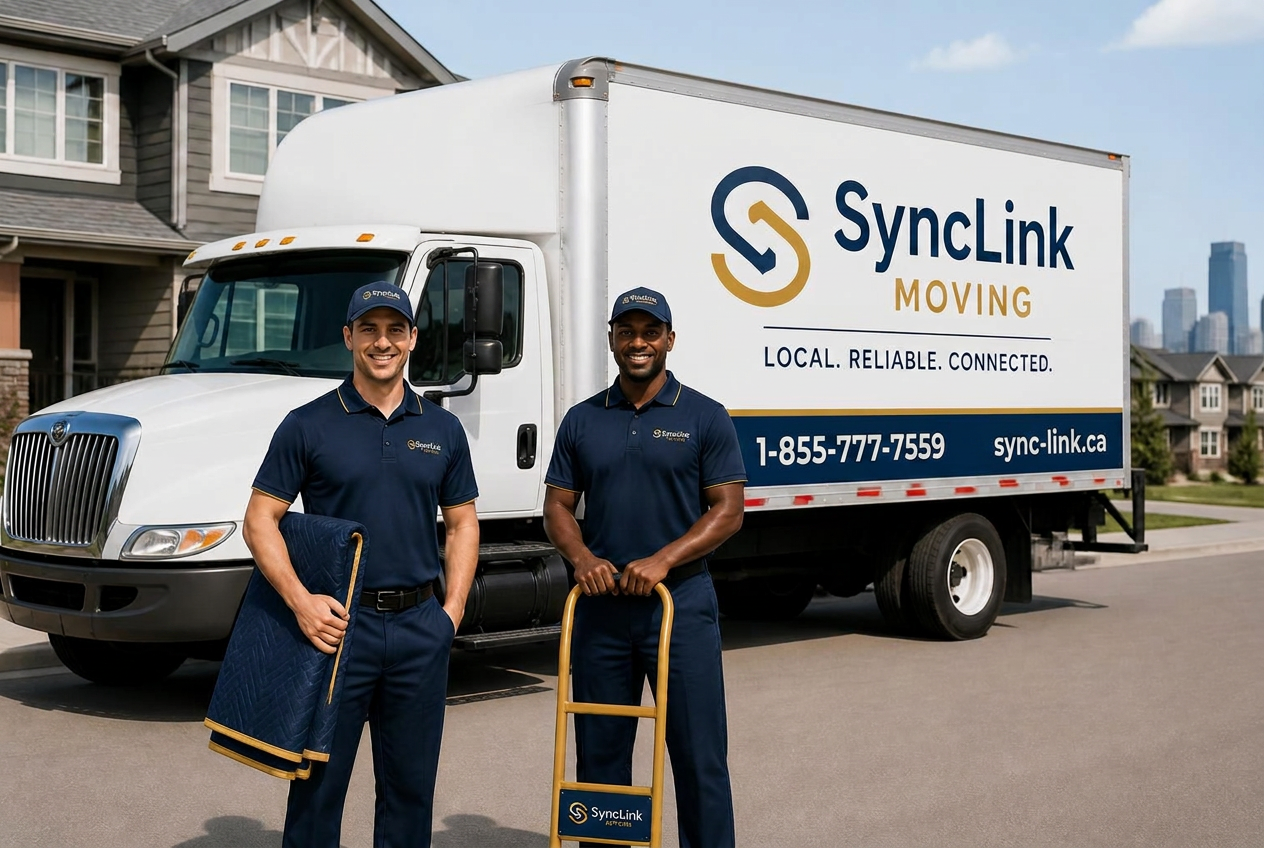 SyncMoving branded 5-ton box truck with two uniformed movers ready for apartment moves