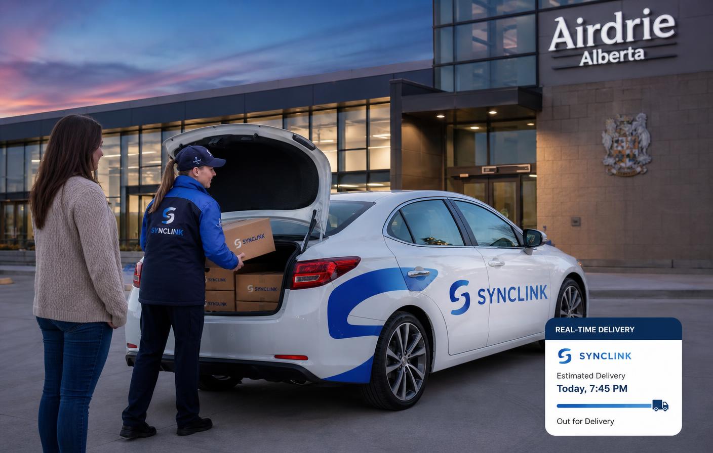 SyncLink Courier Services branded van driving through Calgary with a live tracking overlay