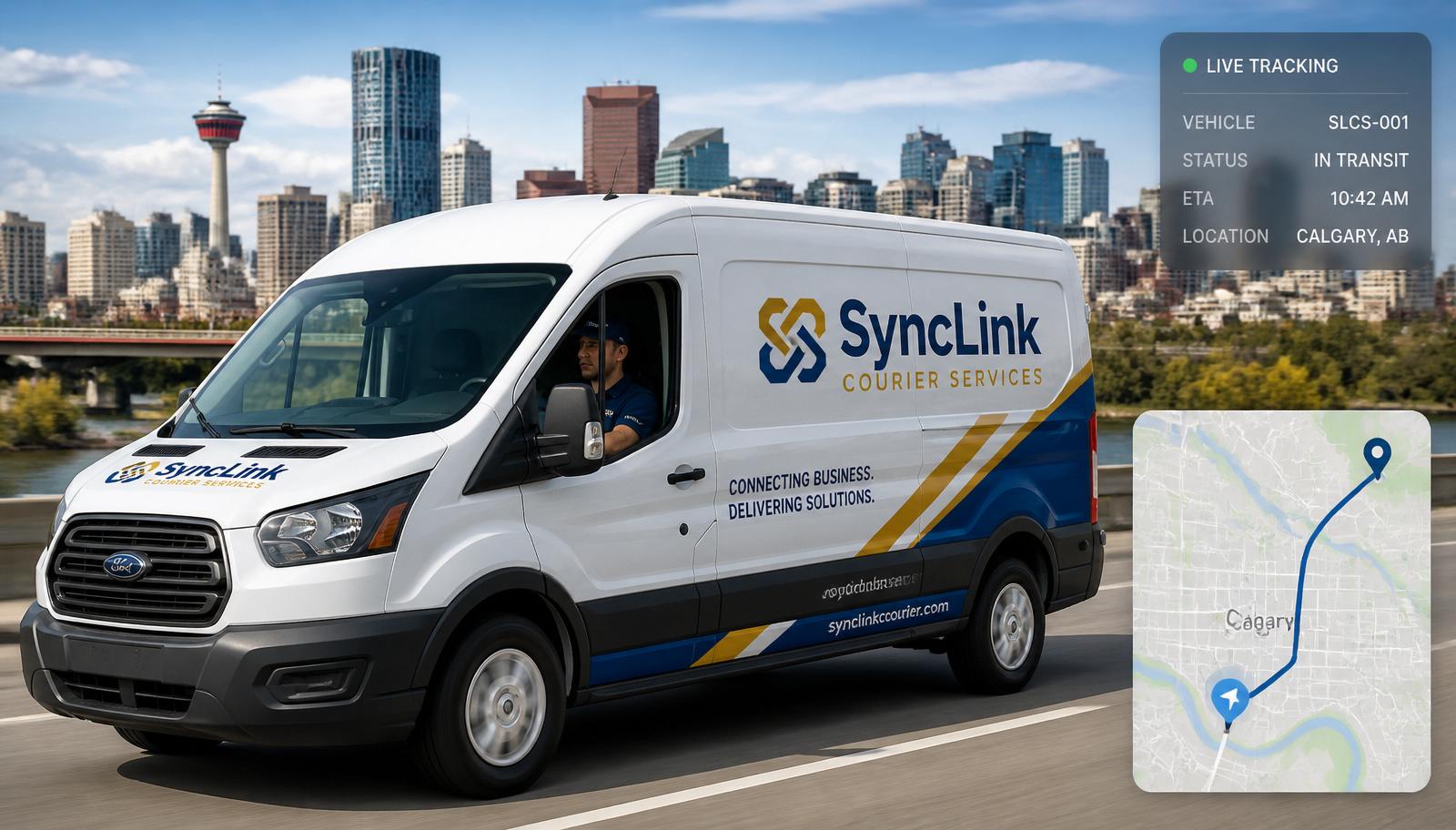 SyncLink Courier Services branded van driving through Calgary with a live tracking overlay
