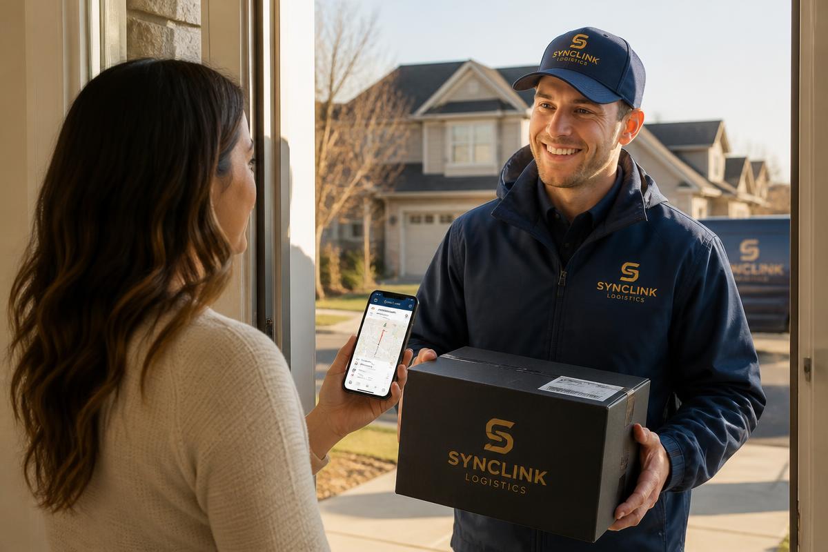 Uniformed SyncLink Logistics courier handing a parcel to a customer tracking the delivery on her phone in Calgary