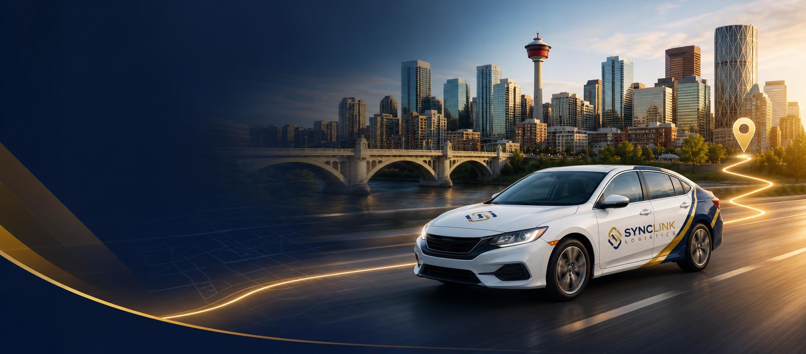 SyncLink Logistics branded car driving through downtown Calgary with a glowing GPS route